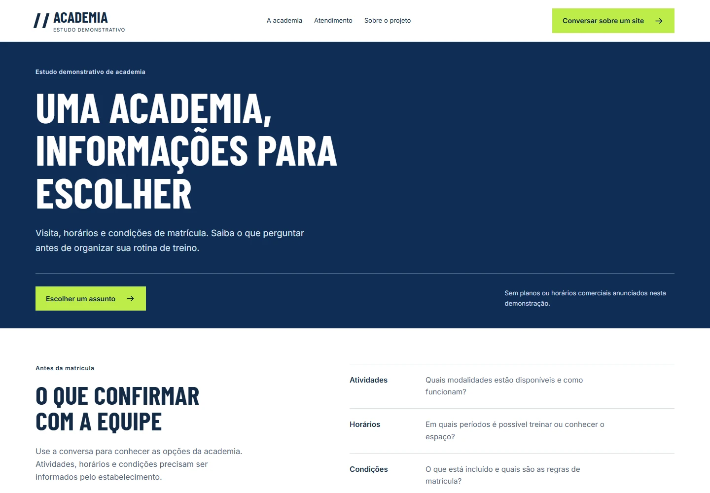 Interface demonstrativa de Academia, versão computador